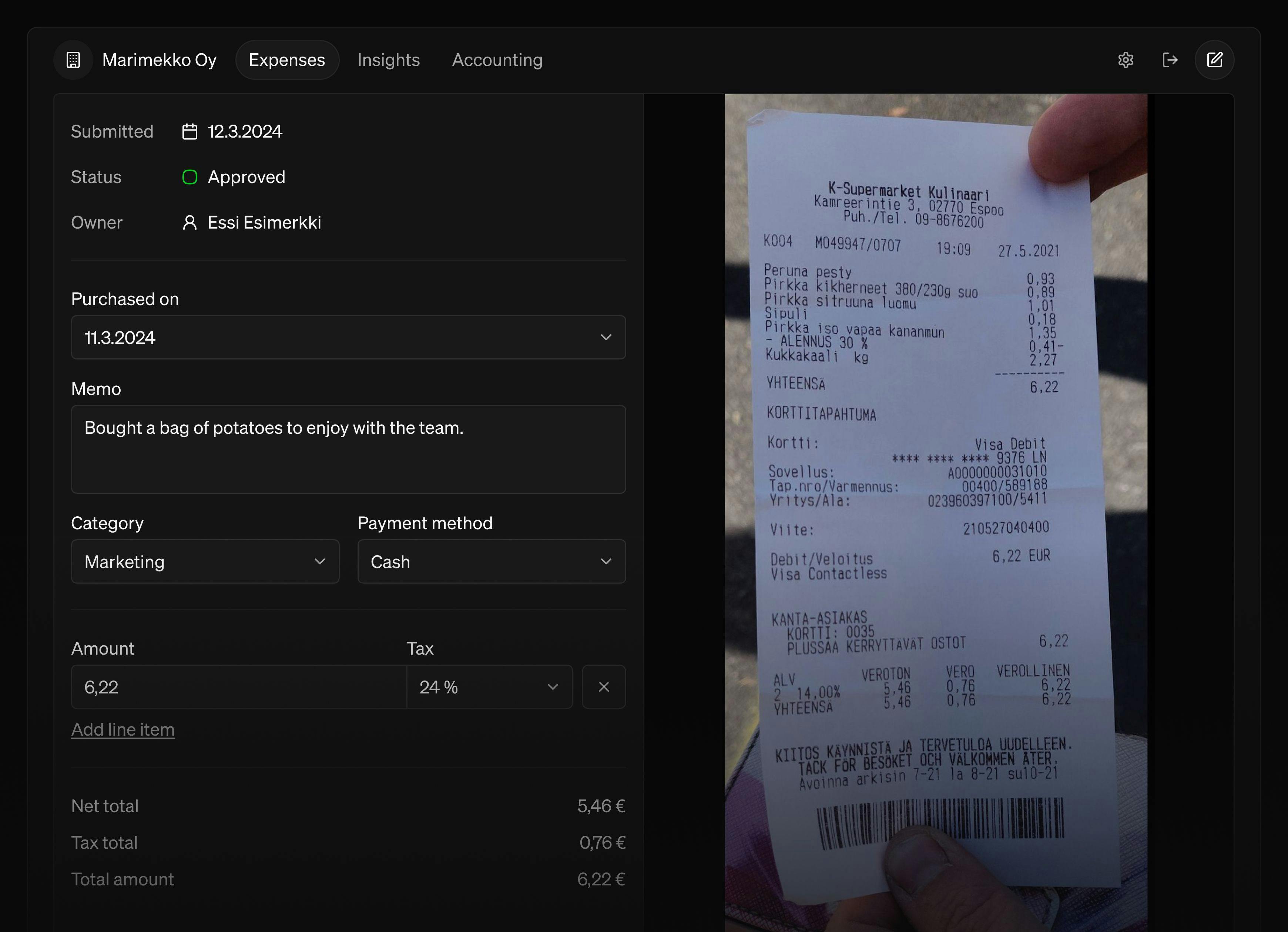 A screen of Nippu showing a receipt.